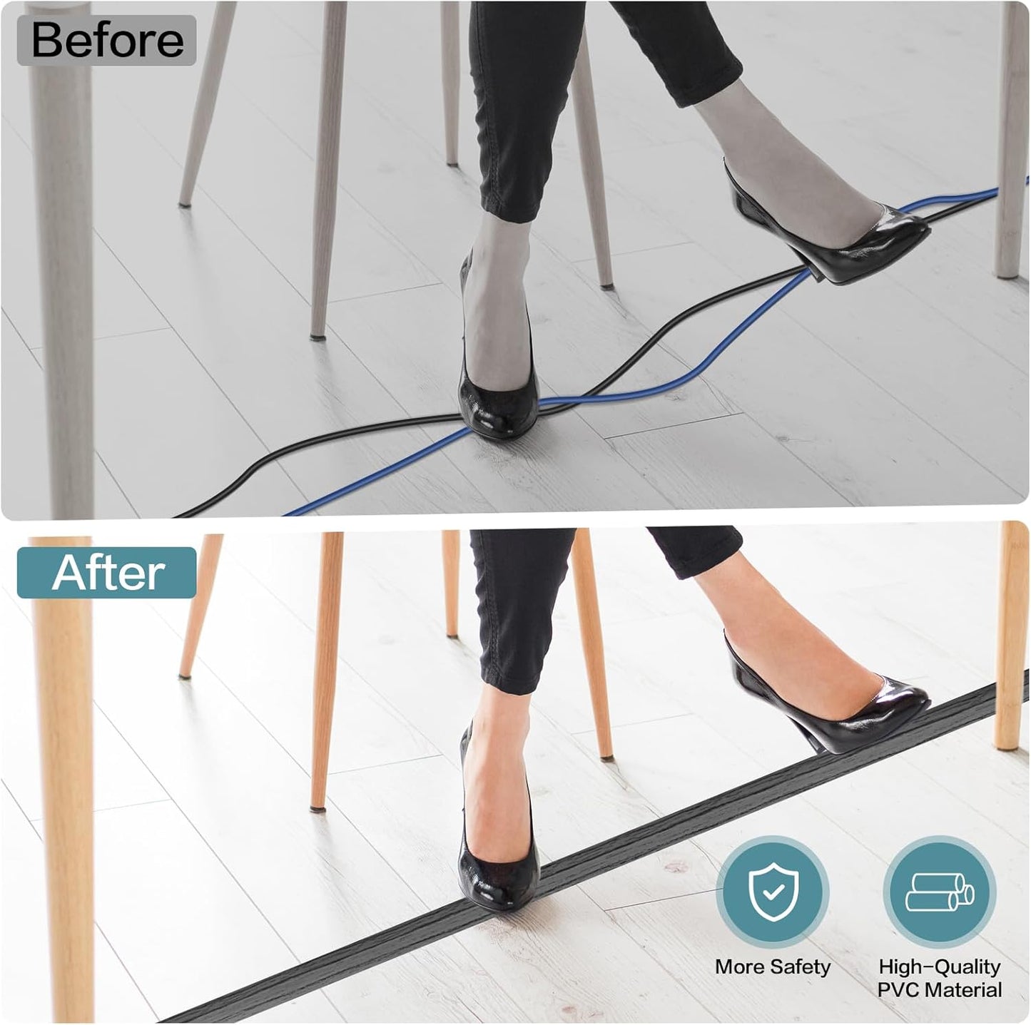 Floor Cord Cover Self Adhesive Cord Hider Floor Extension Cord Covers for Floor Power Cord Protector Cable Management Prevent Cable Trips Cable Cavity 0.51" W x 0.31" H (Deep Grey Wood, 20Ft)