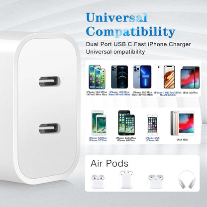 iPhone Charger,Dual Port USB C iPhone Charger Fast Charging Block,Super Fast Apple Double Type C Wall Chargers,2Pack 10FT Quick USB C Lightning Cable for iPhone 14 Pro Max/13 Pro/12/11/MiNi/XS/XR/8/SE