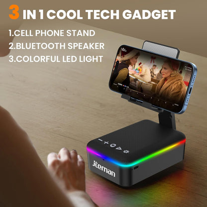 JTEMAN Gifts for Men Women,Cell Phone Stand with Bluetooth Speaker,LED Light,and Lanyard,Cool Tech Gadgets,Unique Birthday Gifts for Men Husband Mom Dad