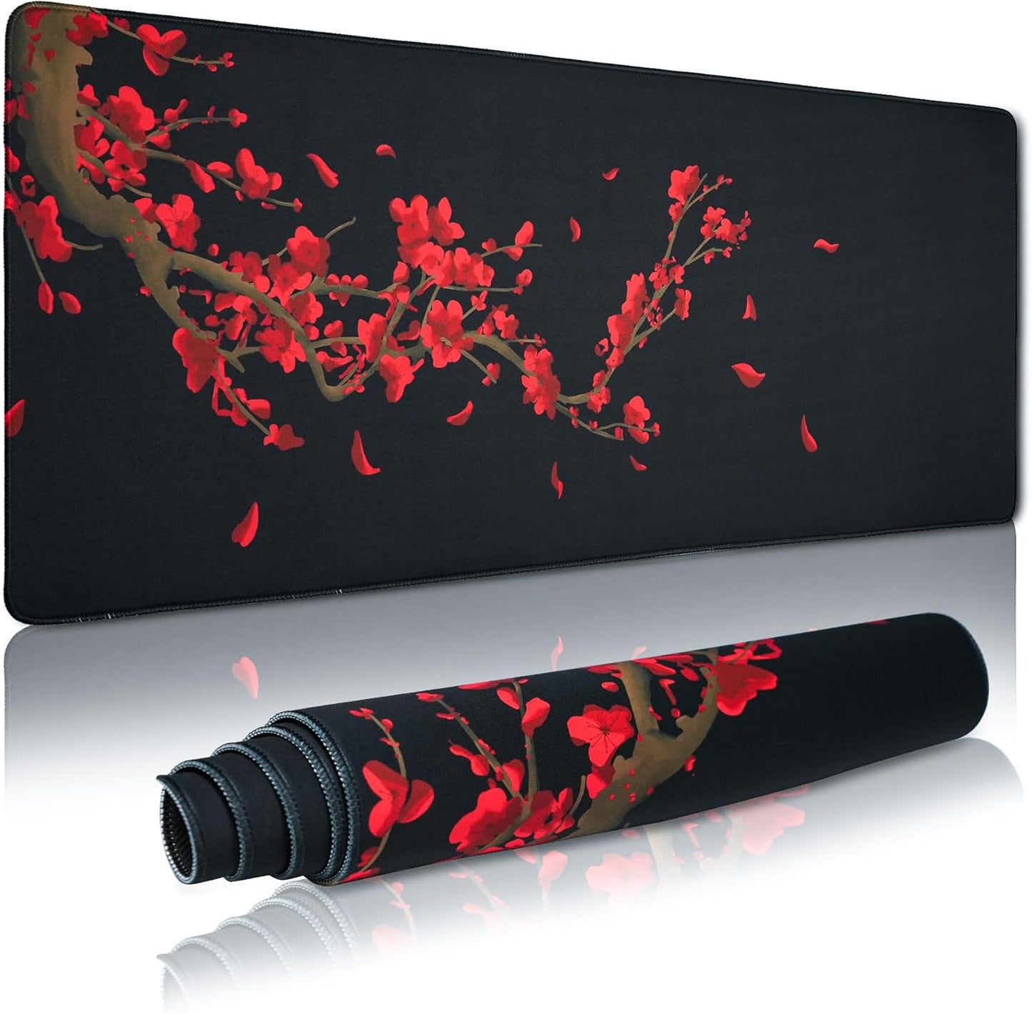 Large Gaming Mouse Pad for Desk, Black Plum Blossoms XXL Mouse Pad, 35.4x15.7 Inch, Waterproof, Non-Slip Rubber Base