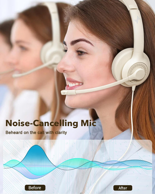 USB Headset with Microphone for PC, On-Ear Computer Laptop Headphones with Noise Cancelling Mic in-line Control for Home Office Online Class Zoom (USB+3.5mm, Apricot)