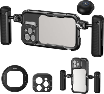 NEEWER 16 Pro Max Cage with Two Quick Release Side Handles, Phone Video Rig Kit with 67mm Filter Adapter, 17mm Lens Mount, T Mount Lens Adapter Compatible with iPhone 16 Pro Max (PA074+PA045E+PA045B)