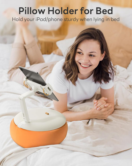 SAIJI Tablet Holder Pillow, Kindle Holder Compatible with 4.7-15.6” Kindle, Phone, Portable Monitor, 360° Adjustable Tablet Stand for Bed with Flexible Dual Axis Arm&Microbead Cushion (Orange)