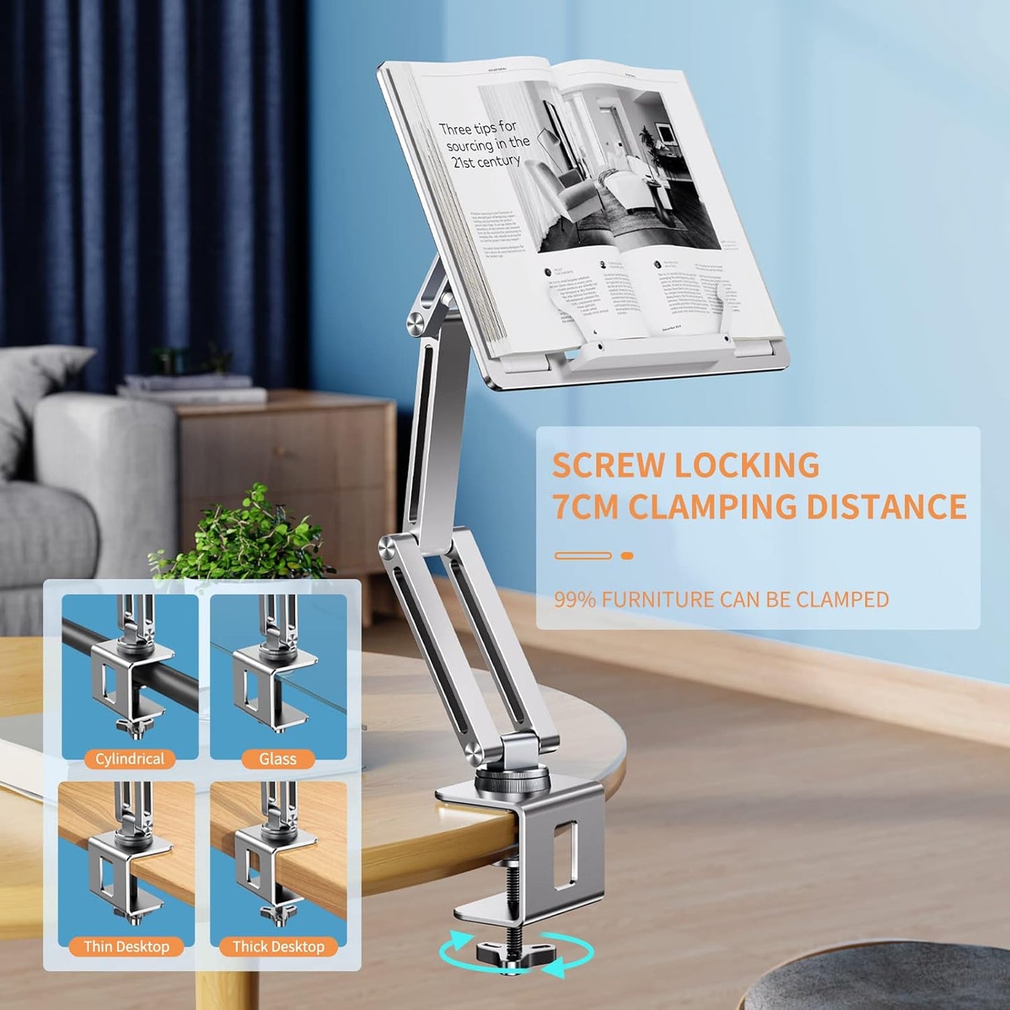 OATSBASF Tablet Stand, iPad Holder for Desk Mount, Portable Monitor Stand, Rotatable 360 Degrees, Desktop Reading Mount for Computer, iPad, Cookbooks, Recipes