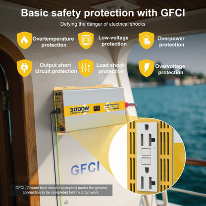 XWJNE 3000W Pure Sine Wave Power Inverter 24V DC to 120V GFCI AC Converter with LCD Display and Remote for Home, RV, Truck, Off-Grid Solar Power