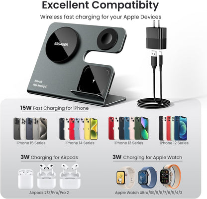 3 in 1 Aluminum Alloy Magnetic Wireless Charging Station Compatible with iPhone 16/15/14/13/12 Series, ESSAGER 15W Wireless Charger Office Bedroom Table for Airpods 4/3/2/Pro, iWatch with 20W Adapter