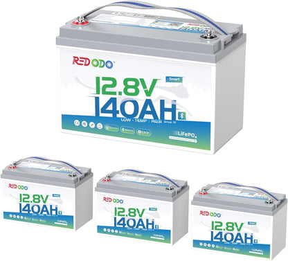Redodo Smart Bluetooth 12V 140Ah LiFePO4 Battery, Group31 Lithium Battery, 10 Years Lifetime, 150A BMS, Real-Time Monitoring, Perfect for RVs, Marine, Boat, Solar and Off Grid 4 Pack