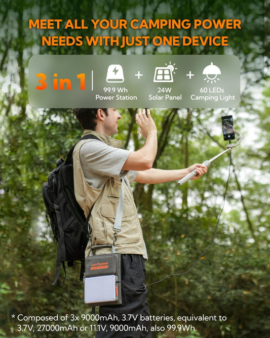 Lumopal Portable Solar Charger 99.9 Wh Battery Bank Equipped with 24W Foldable Solar Panels and 600 Lumen Adjustable LED Camping Light, 65W PD USB-C, 22W QC3.0 USB A Output for Outdoor