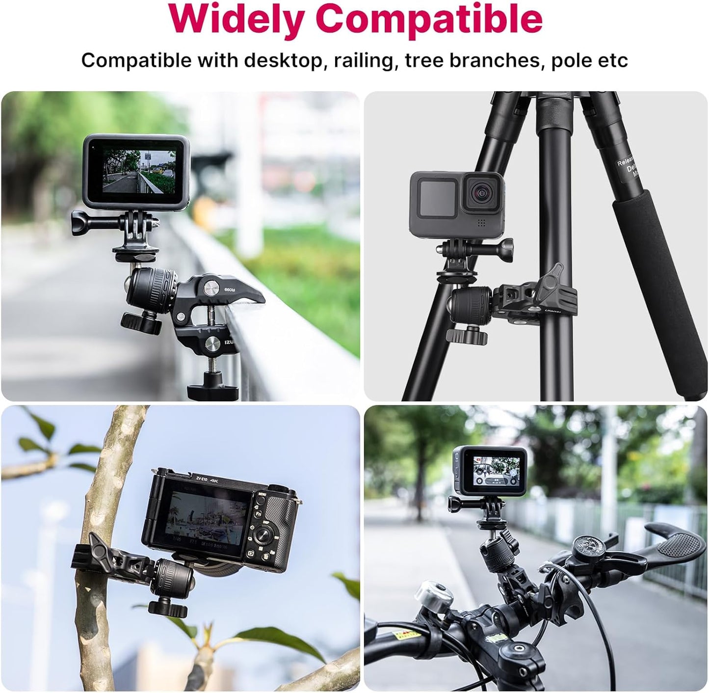ULANZI R099 Super Clamp Camera Mount with 360° Ballhead for Bike/Bicycle/Motorcycle Handlebar Pole Tripod Tube Crossbar Gimbal Rods Mount for Insta360/GoPro/AKASO/DJI/Phone/DSLR/Light/Monitor