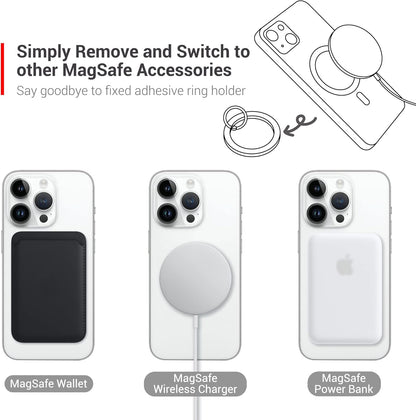 PROfezzion Thin Metal Ring Holder for MagSafe, Removable Strongest Magnetic Phone Grip for iPhone 16 15 14 13 12 Pro Max Plus with Mag-Safe Case [Not for Regular Case] [MagSafe Car Mount Compatible]