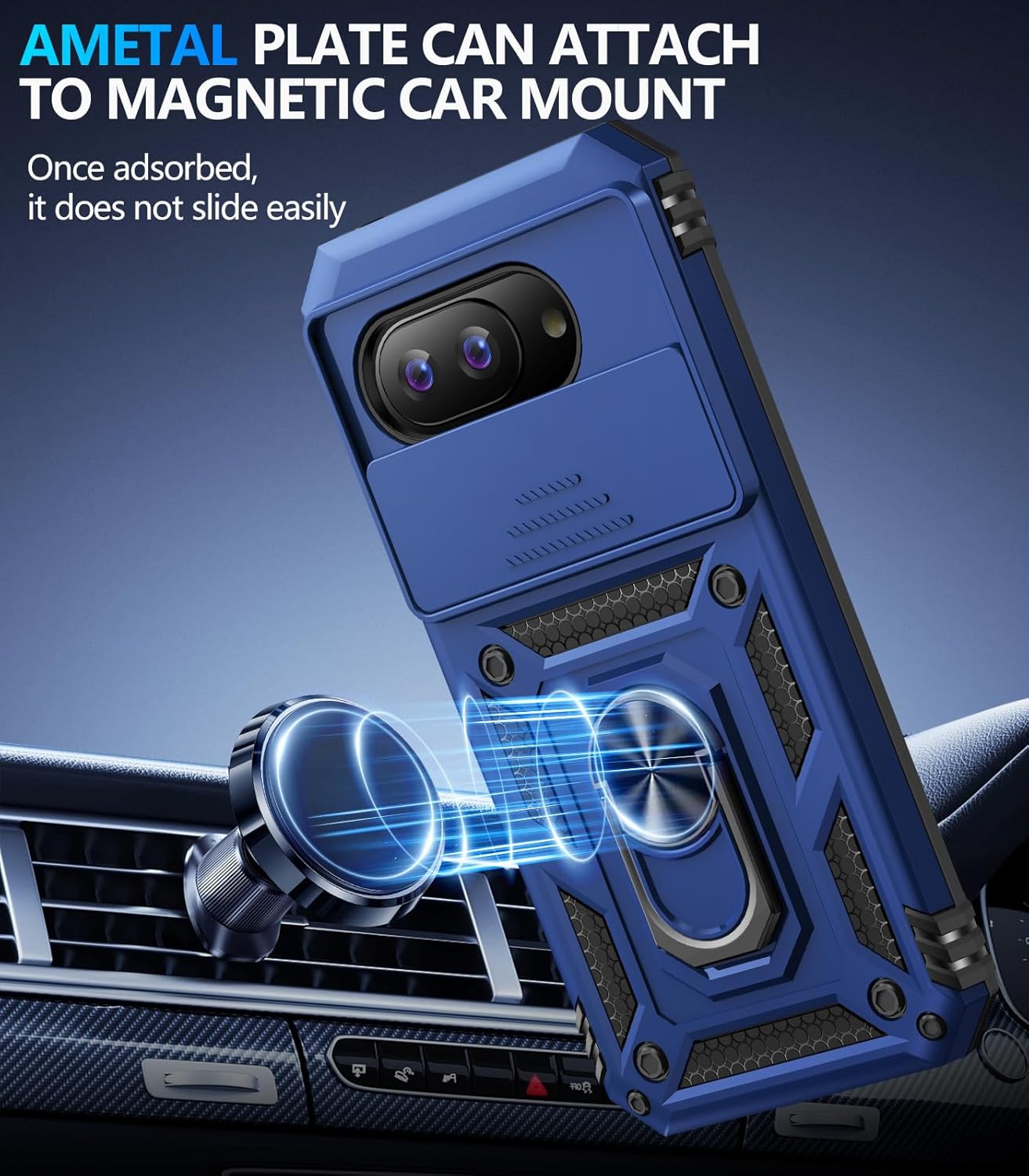 Taisairu for Google Pixel 9A Case with Screen Protector & Slide Camera Lens Cover,Built-in 360°Rotate Magnetic Ring Stand Shockproof Protective Phone Case for Google Pixel 9A Case (Blue)