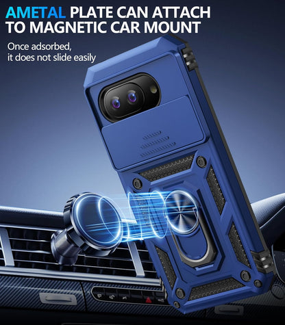 Taisairu for Google Pixel 9A Case with Screen Protector & Slide Camera Lens Cover,Built-in 360°Rotate Magnetic Ring Stand Shockproof Protective Phone Case for Google Pixel 9A Case (Blue)