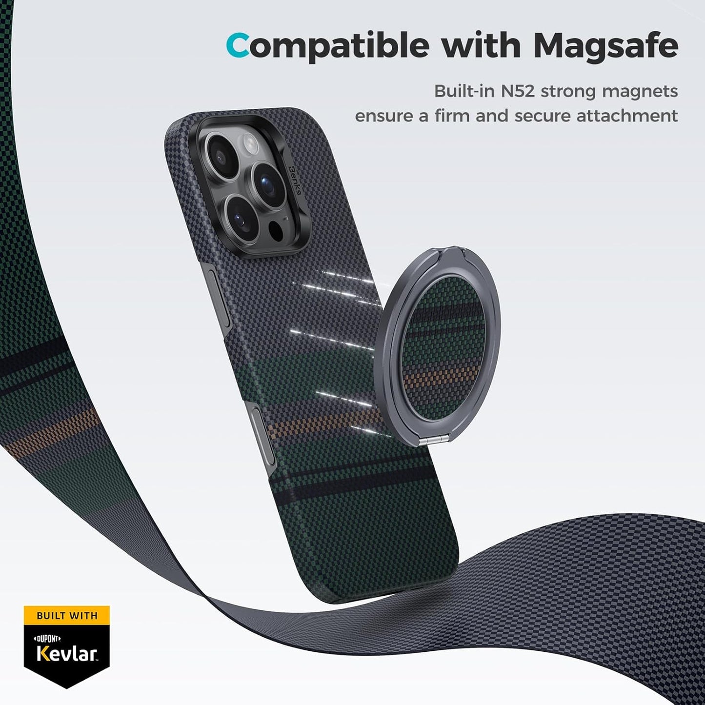 BENKS ArmorPop Magnetic Phone Grip & Stand for MagSafe, 360° Rotation Adjustable Phone Ring Holder for iPhone 17/16/15/14/13/12 Series, Durable Kevlar Design