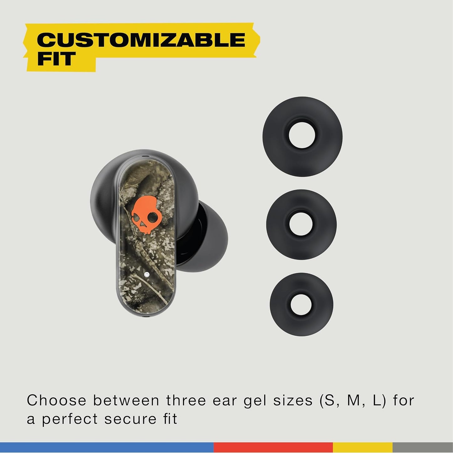 Skullcandy Dime Evo Wireless Earbuds, Bluetooth Headphones, Noise Isolating Fit, Up to 36 Hours Battery, Microphone, Easy Carry with Clip-Anywhere Case - Realtree APX Black/Orange