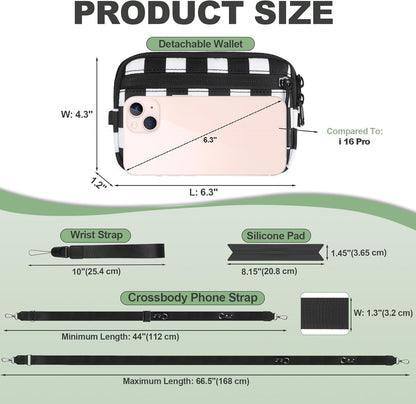 Clip and Go Strap for Phone with Wallet Crossbody, Adjustable Phone Lanyard with Detachable RFID Wristlet Wallet, Phone Strap with Phone Tabs for All Phones, Black Checkered (M)
