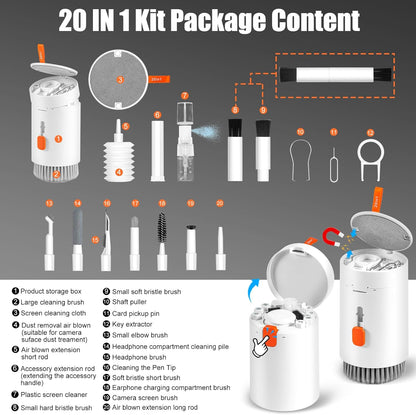 walrfid 2 Pack Laptop Phone Screen Cleaner Kit, Computer Keyboard Brush Cleaning Spray for iPhone AirPods MacBook iPad, 20-in-1 Electronic Device Tool for Camera Earbud TV Tablet Car Screens, White