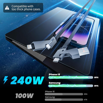 Travel Essentials 240W USB C Cable,4 in 1 Charging Cable Fast Charging Cords with E-Mark Chip,Multi USB Cable for iPhone 16 15 iPad MacBook Pro Air Samsung S25 Switch