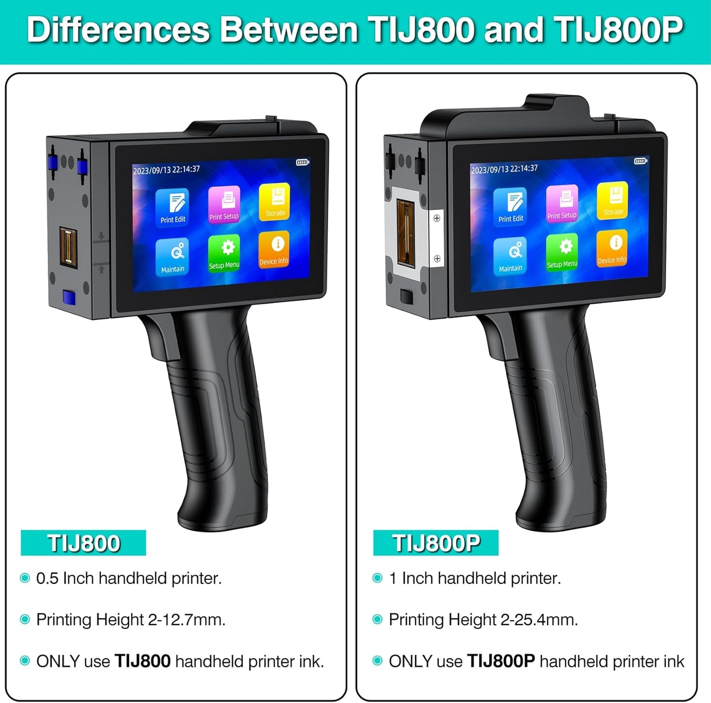 TIJ800P Handheld Inkjet Printer 1 inch Portable Handheld Printer Gun 5 Inch Screen Quick Drying Inkjet Coding Machine for Batch Number/Date/Barcode/QR Code/Logo etc