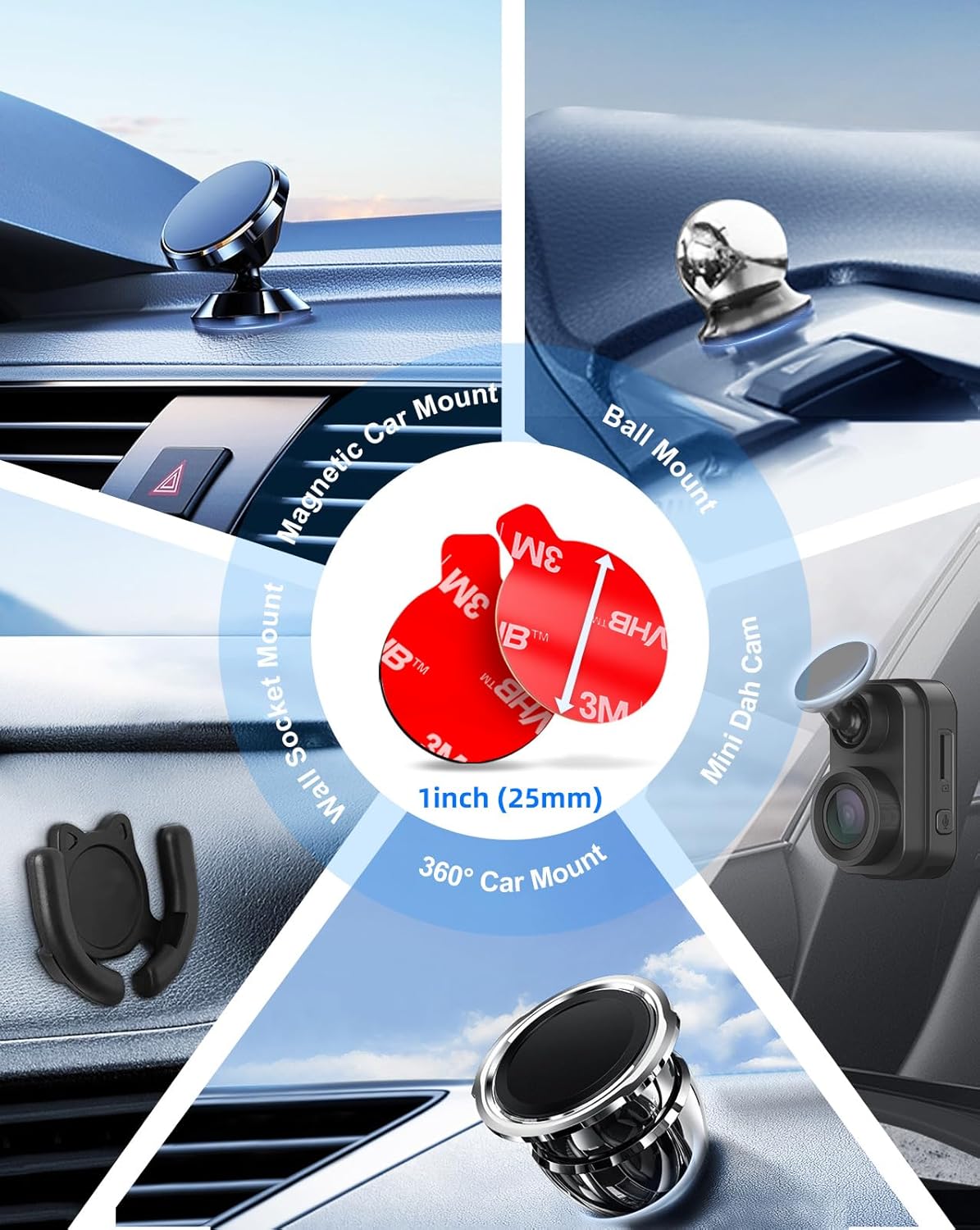 10 Pcs 3M Sticky Adhesive Pads for Car Magnetic Phone Holder, 1 inch Round VHB Double Sided Tape Replacement for Dashboard Cell Phone Mount & Mini Dash Cam Base, Strong 25mm Heat Resistant Sticker