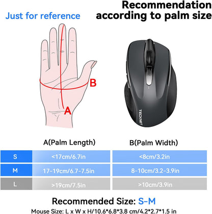 TECKNET Rechargeable Jiggler Wireless Mouse (BT5.0/3.0 & 2.4G) 4800 DPI Silent USB A & Bluetooth Mouse 6 Buttons, Wide Compatibility - Grey