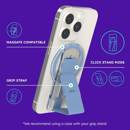 CLCKR for MagSafe Phone Grip for MagSafe Kickstand Compatible with Mag Safe Finger Loop, 3-in1 Phone Ring Holder Strap for Mag Safe iPhone 16/15/14/13/12 Series, Galaxy S25/S24/S23/S22, Pixel - Blue
