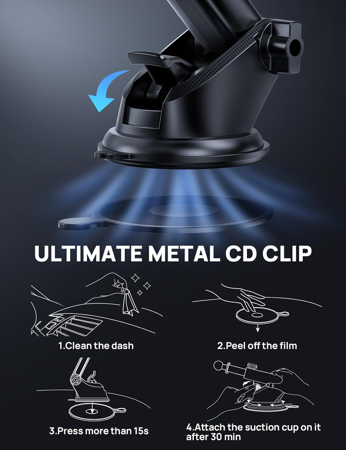 Adjustable Windshield Phone Mount for Car, Suction Cup Dashboard Holder for All Cell Phone, (+Vent Hook) [Military Grade Stable], Non-Slip Silicone Carbon Fiber, (Black)