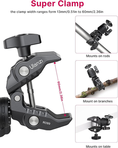 ULANZI R099 Super Clamp Camera Mount - Heavy Duty 3.3lb Load Metal Clamp with 360° Ball Head for Action Cameras (GoPro/Insta360/DJI), DSLR, Bike/Motorcycle Handlebar, Pole/Tube Mount Accessories