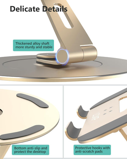 Ultra-Stable Swivel Laptop Stand for Desk，300% Larger Base Stability Military-Grade Aluminum Anti-Loosening Structure - Height Adjustable Laptop Stand Suitable for 10-17.3 inch，Golden