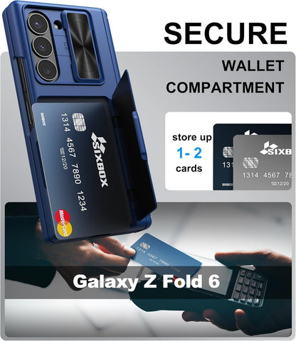 for Samsung Galaxy Z Fold 6 Case with Card Holder & Hinge Protection, Built-in Screen Protector & Camera Cover, Sturdy Durable Protective Multifunctional Wallet Phone Case for Z Fold 6 5G, Blue