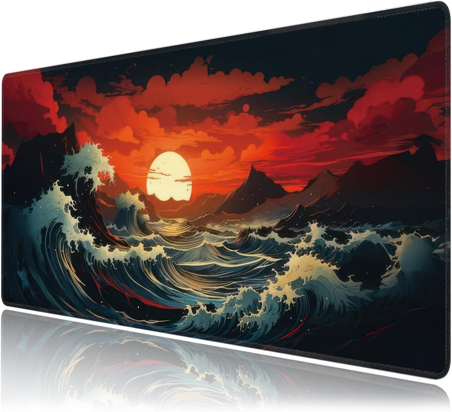 Japanese Sea Wave Large Mouse Pad,Gaming Keyboard Desk Pad,Extended Mouse Mat Non-Slip Rubber Base with Stitched Edges for Office Game Home XXL 35.4"x15.7"