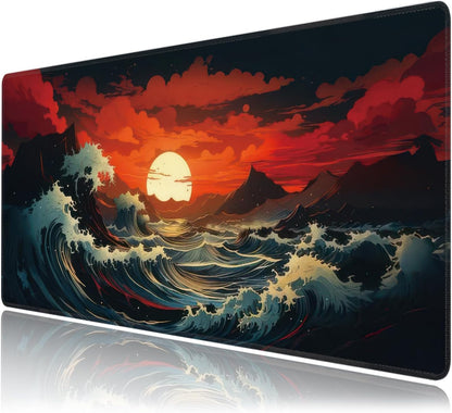 Japanese Sea Wave Large Mouse Pad,Gaming Keyboard Desk Pad,Extended Mouse Mat Non-Slip Rubber Base with Stitched Edges for Office Game Home XXL 35.4"x15.7"