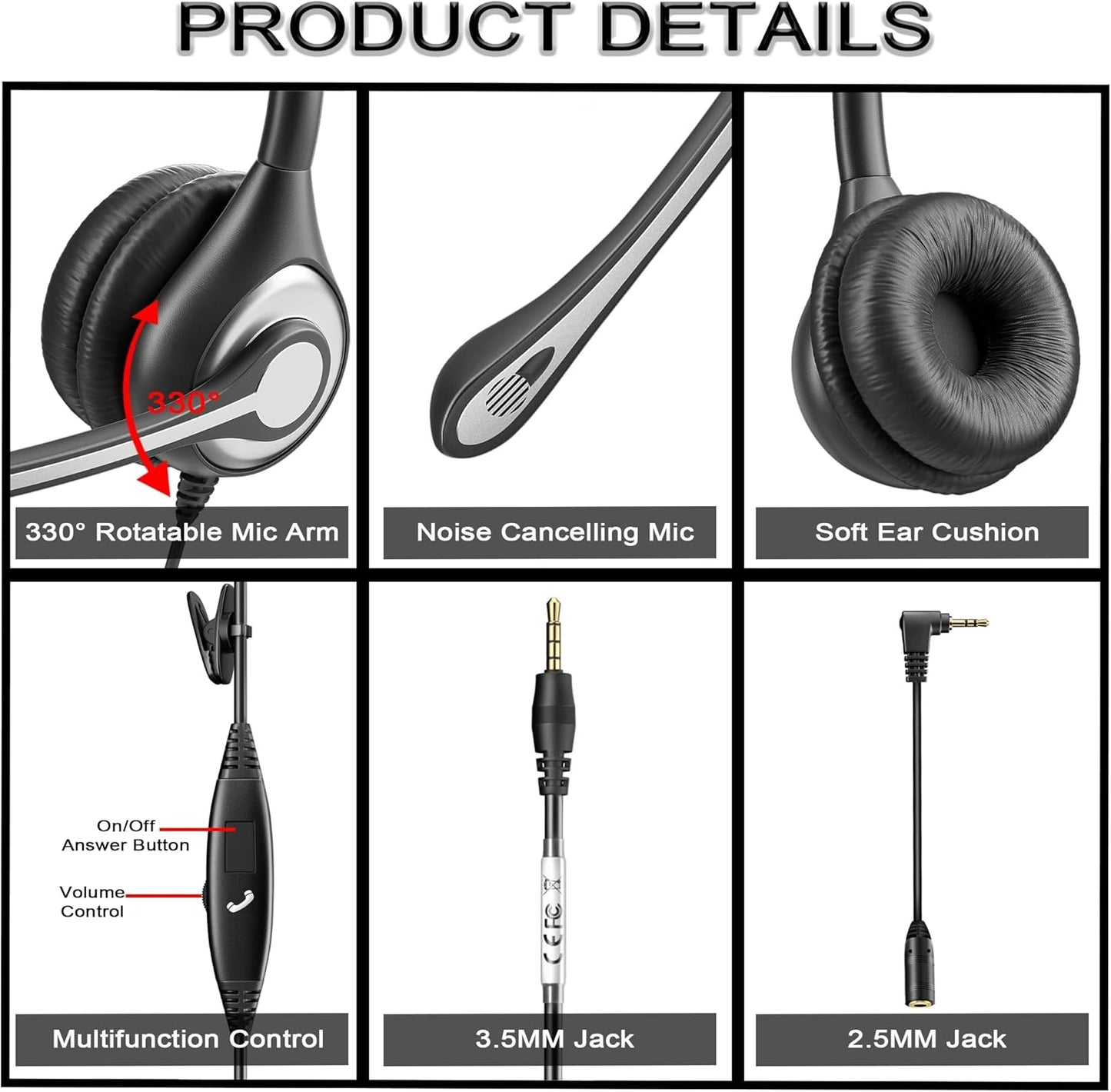 Wantek Cell Phone Headset Mono with Noise Canceling Mic, Wired Computer Headphone for iPhone Samsung Huawei HTC LG ZTE BlackBerry Smartphones and Laptop PC Mac Tablet with 3.5mm Jack(F600J35)