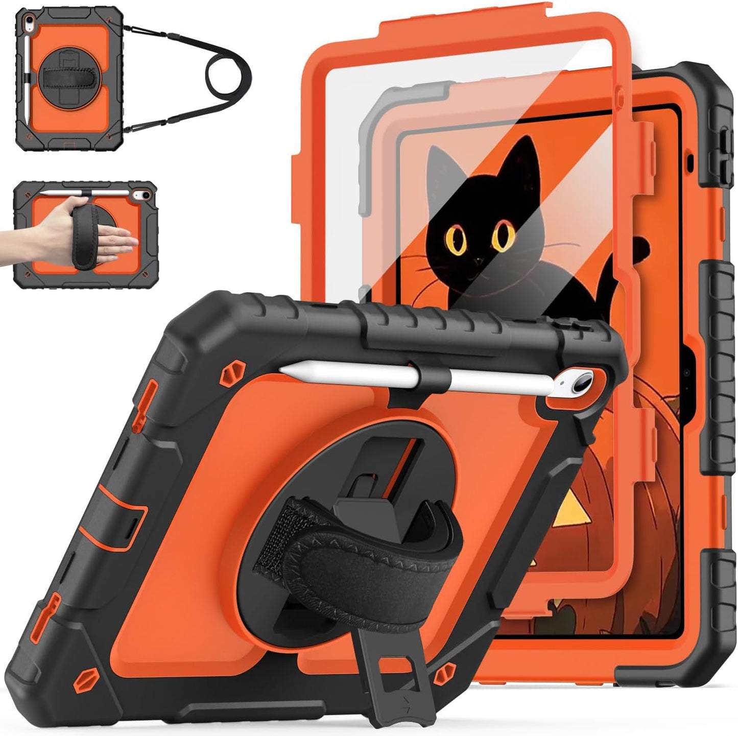 Cantis Case for iPad 11-inch (A16) 2025/ iPad 10th Generation 2022 (10.9 inch) with Screen Protector, iPad 11th Case with 360 Degree Rotating Stand/Shoulder Strap/Pencil Holder, Black+Orange