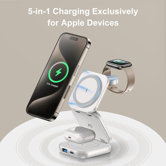 5-in-1 Wireless Charger for MagSafe, AC ISLAND Portable Travel Charging Station, 15W Max Fast Foldable Magnetic Stand, Evolved for iPhone 16/15/14/13 Series, Apple Watch, AirPods (with 35W Adapter)