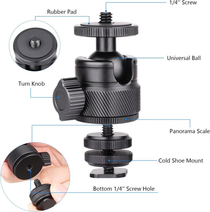 Mini Ball Head, CNC All Metal Aluminum Universal Panoramic Tripod Head Mount for Compact DSLR Action Cam Phone LED Ring Light Monopod Slider, 4.4lb Max Load