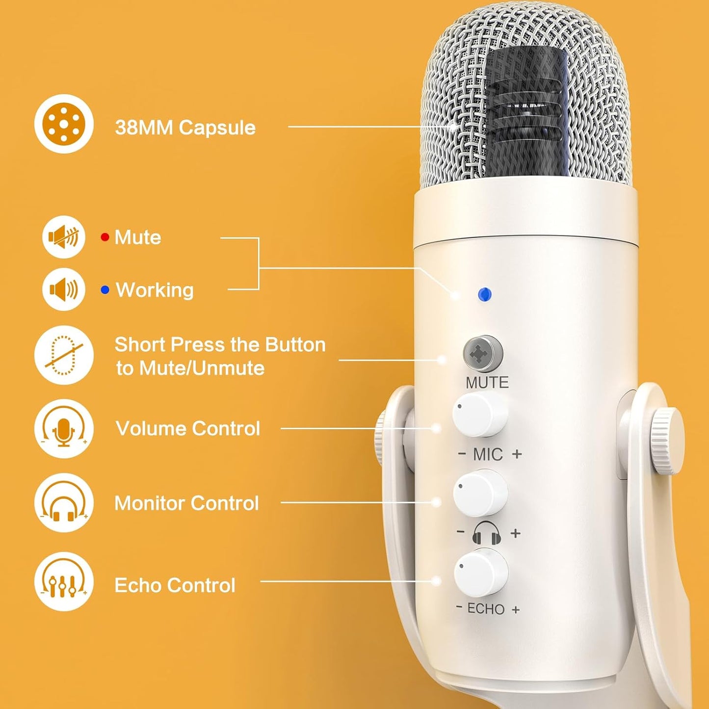 ZealSound USB Microphone,Quick Mute Noise Cancel for Phone Computer PC PS5,Gaming Microphone with Gain Control,Echo Monitor Volume Adjust for Streaming Vocal Recording ASMR Podcast Video K66 White