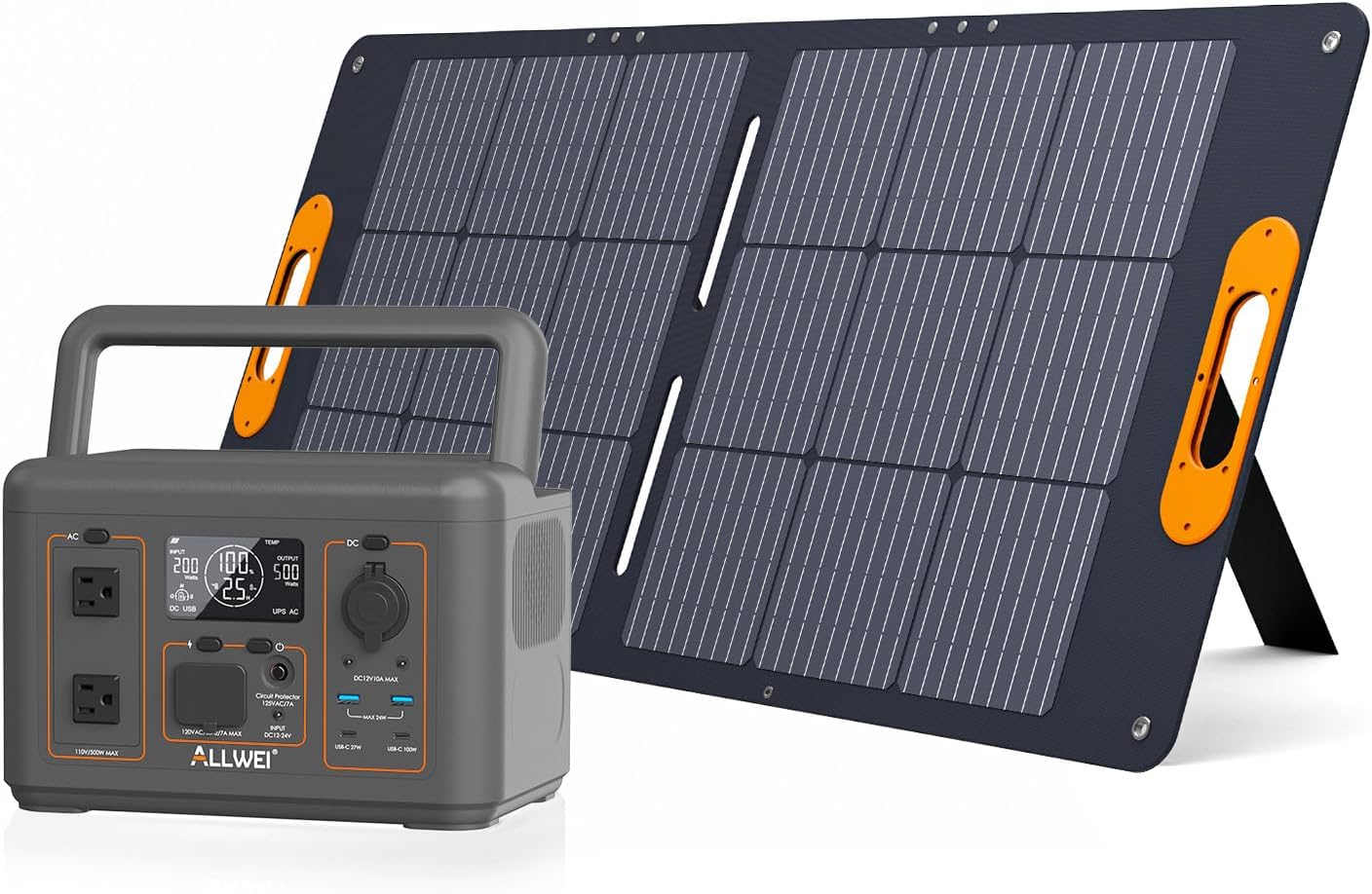 ALLWEI 500W Solar Generator with 100W Solar Panel, 512Wh LiFePO4 Portable Power Station with AC Outlets(1000W Surge), Battery Generator for RVs Outdoor Camping CPAP Home Backup Power Outage