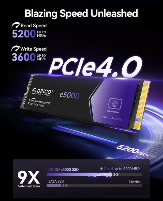 ORICO e5000 2TB SSD M.2 NVMe 2280 PCIe Gen4 5200MB/s Internal Solid State Drive SLC Dynamic Cache 3D NAND QLC for PS5 Laptops PC Desktops