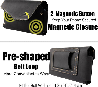 topstache Leather Phone Holster with Belt Loop, Magnetic Closure Cell Case Card Holder Wallet,Leather Pouch for iPhone 14 Pro,Galaxy S23(Fits Otterbox on) L,Black, Belt Loop-Black (C0403)
