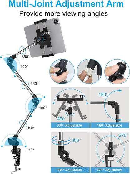 Tablet Holder for Desk Clamp 360° Phone iPad Mount, 35" Adjustable Arm Tablet Stand for Bed, Aluminum Flexible Webcam Camera Clip for iPad Pro 12.9 Air Mini, Tabs, Switch, iphone, 4.7-13" Device/Gopro