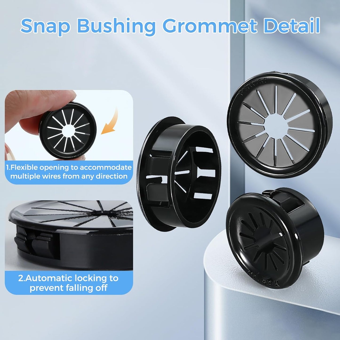 12 Pcs Cable Grommet, Snap Bushing 1-9/16" (40 mm) Mounting Diameter, Flexible Petal-Shaped Buckle Round Nylon Desk Grommet for Wires Through Countertop Cord Organizer and Protection, Black