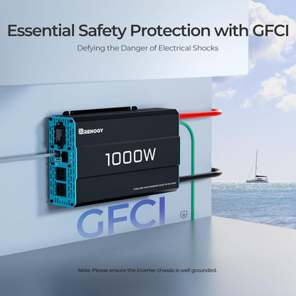 Renogy Inverter P2 1000 watt Pure Sine Wave Inverter, Solar Car Power Inverter 12V to 120V AC Converter for RV, Truck, Camping, Home Backup, Outdoor, Emergency, Off-Grid Living, 16.4FT Remote Control