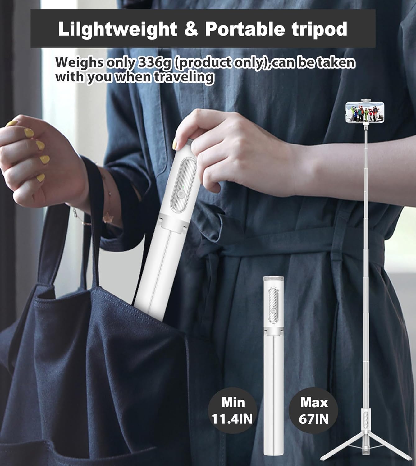 TONEOF 67" Travel Tripod,Selfie Stick,All-in-1 Phone Stand with Integrated Wireless Remote,Lightweight and Portable,Extendable for iPhone and Android(White)