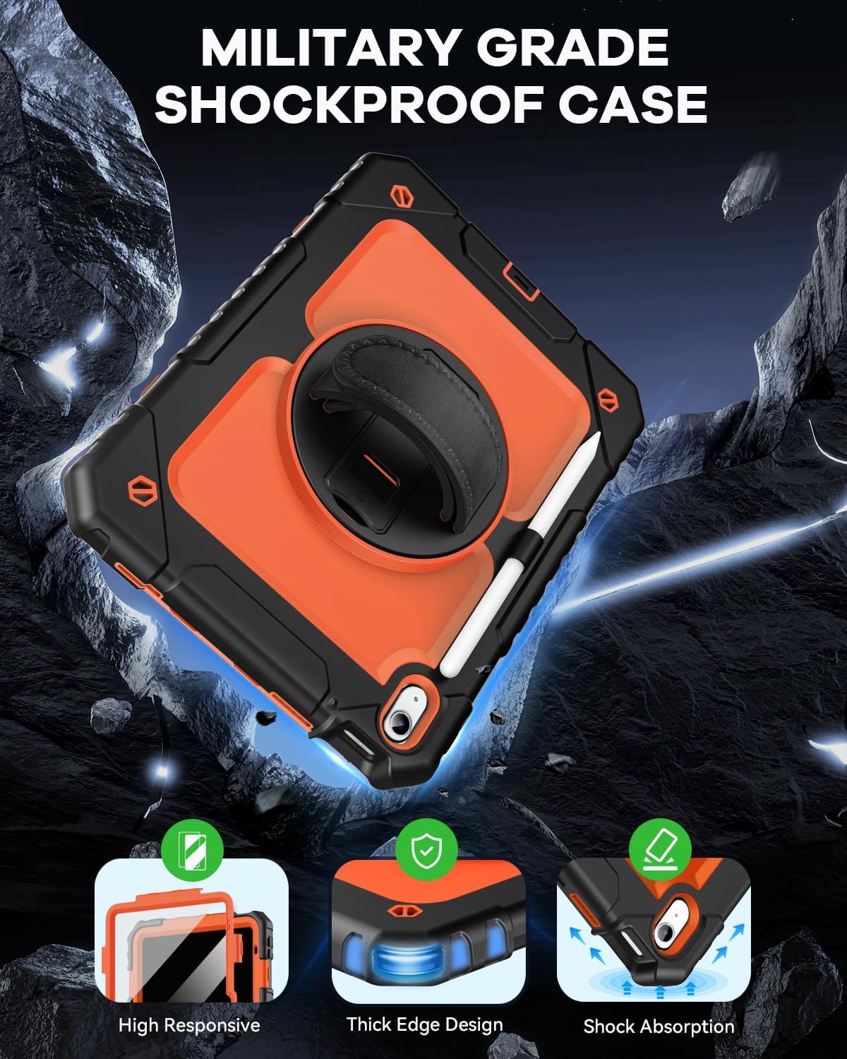 Cantis Case for iPad 11-inch (A16) 2025/ iPad 10th Generation 2022 (10.9 inch) with Screen Protector, iPad 11th Case with 360 Degree Rotating Stand/Shoulder Strap/Pencil Holder, Black+Orange