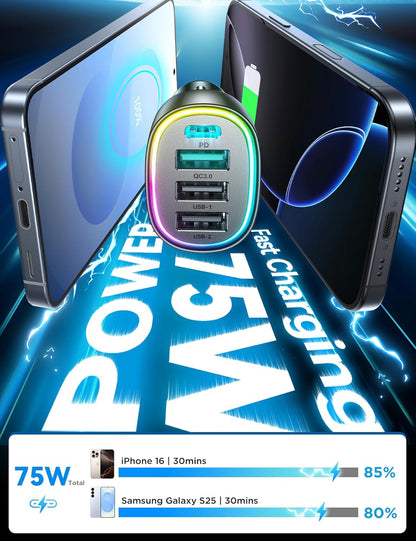 USB C Car Charger Cigarette Lighter Adapter 75W 4-Port Fast Car Charger Fast Charging Compatible with iPhone16/15/14/13 Series