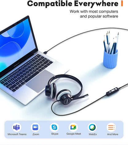 USB Headset with Microphone, 3.5mm Wired Computer Headsets with Noise Cancelling Microphone, Stereo Headphones with MIC for PC, in Line Controls, Work Headset for Skype Zoom Tablet Laptop