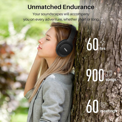 TOZO HT2 Hybrid Active Noise Cancelling Headphones, Wireless Over Ear Bluetooth Headset, 60H Playtime, Hi-Res Audio Custom EQ via App Deep Bass Comfort Fit Ear Cups, for Home Office Travel Black