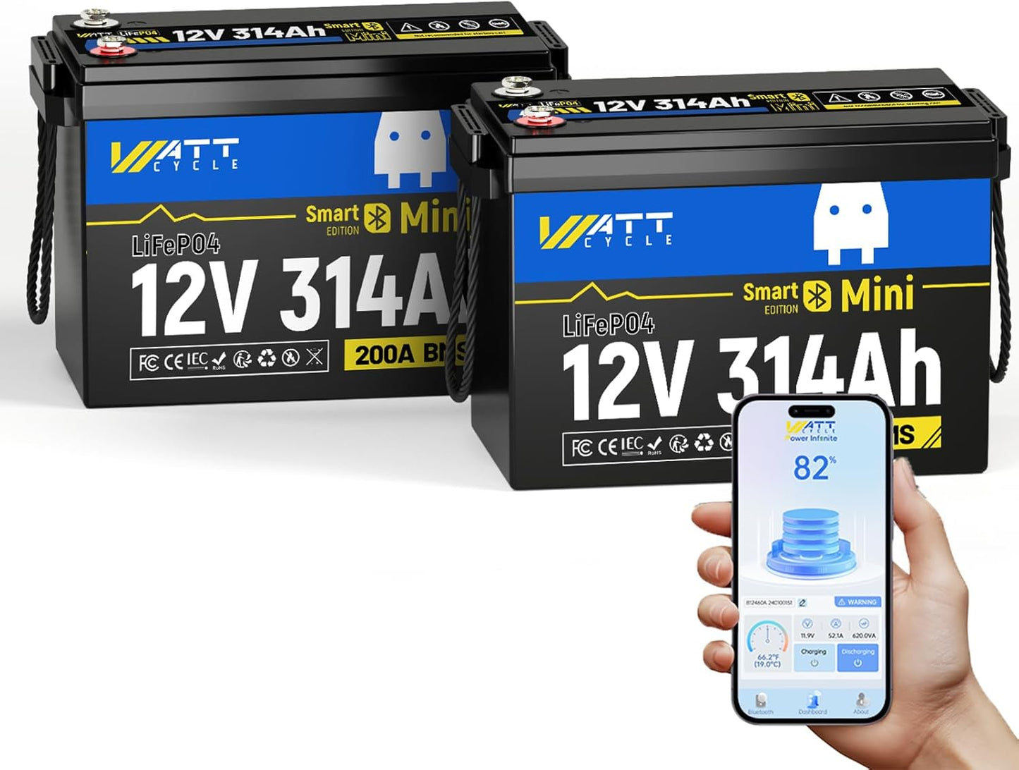 12V 314Ah Lithium LiFePO4 Battery Mini with Bluetooth 5.0 BMS 200A, 4.01kWh Energy, Upgraded Aluminum Cooling Fins & Braided Copper Wires, upporting devices over 2000W (2 PCAK)