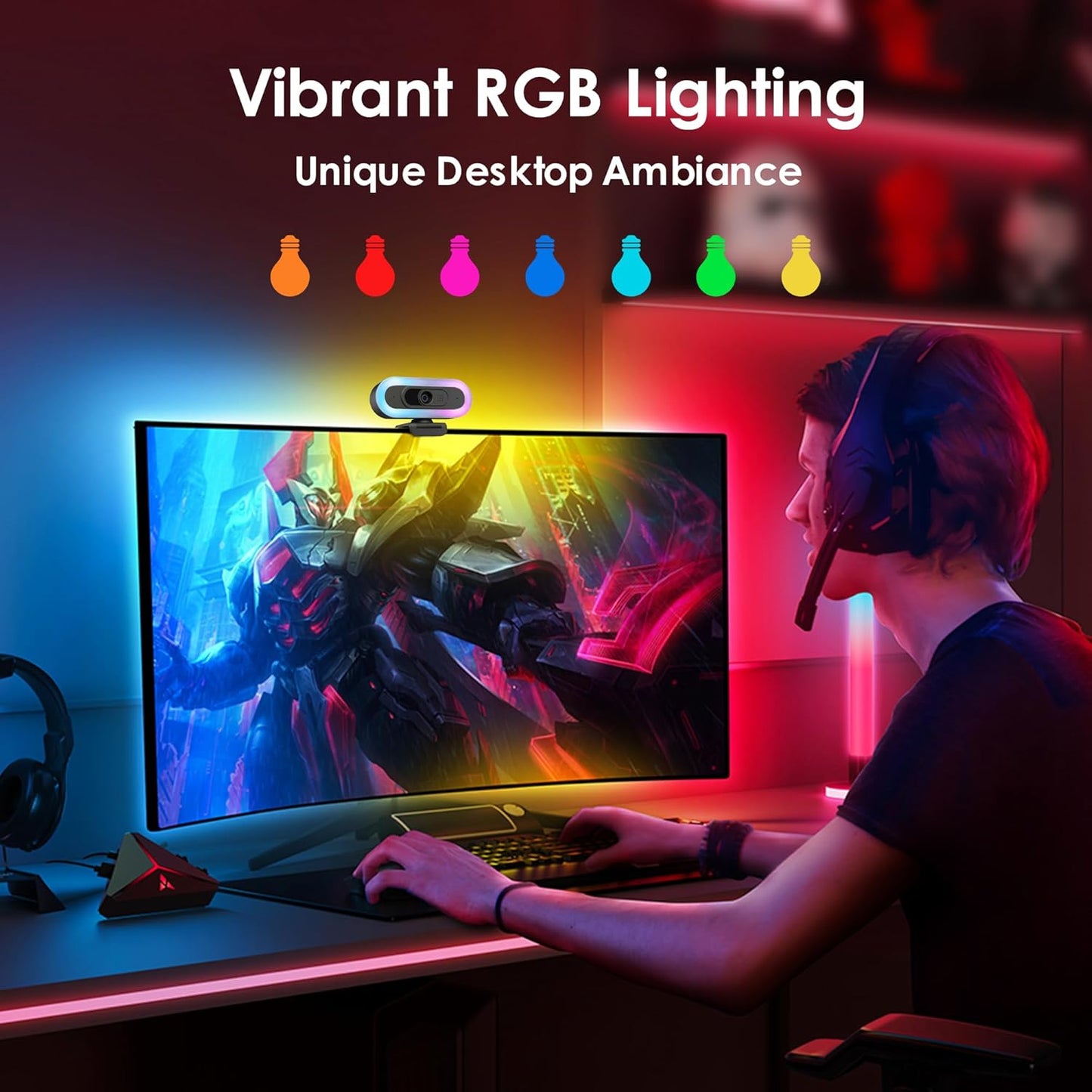 saylas 2K 50FPS Webcam, Streaming Camera with Fill RGB Lights, Autofocus, Dual Noise-Cancelling Microphones, Privacy Cover and Tripod for Computer, PC, Zoom, Skype, Teams, Laptop