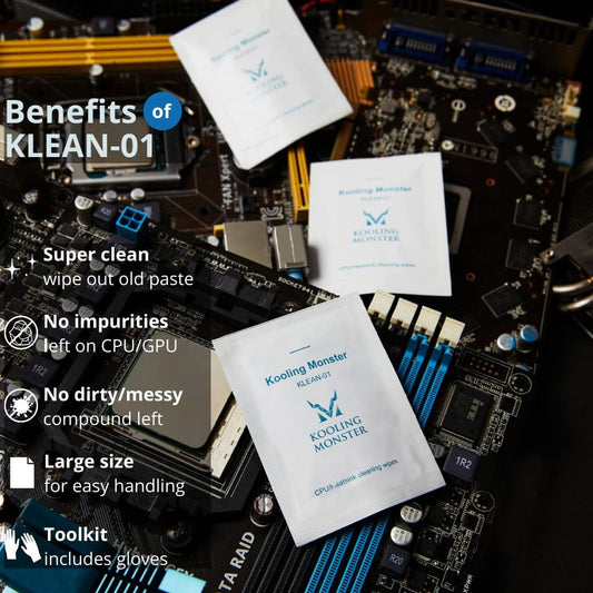 KLEAN-01, Thermal Paste Remover, No Impurities Thermal Compound Cleaning Wipes, Grease Cleaner for CPU/GPU/PS4/XBOX/Heatsink, Inc. Gloves (20 Wipes)